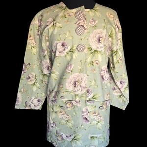 Vintage Handmade Floral Green & Purple Button-Up Light Weight Coat Linen Size Lg